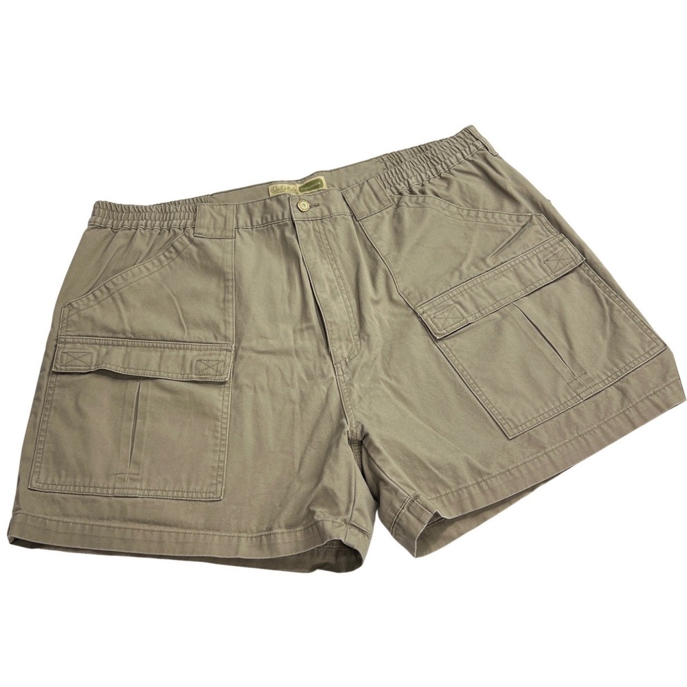 Cabelas Cargo Shorts Mens 42 Brown Elastic Waist Cotton Canvas Hiking Outdoor E9